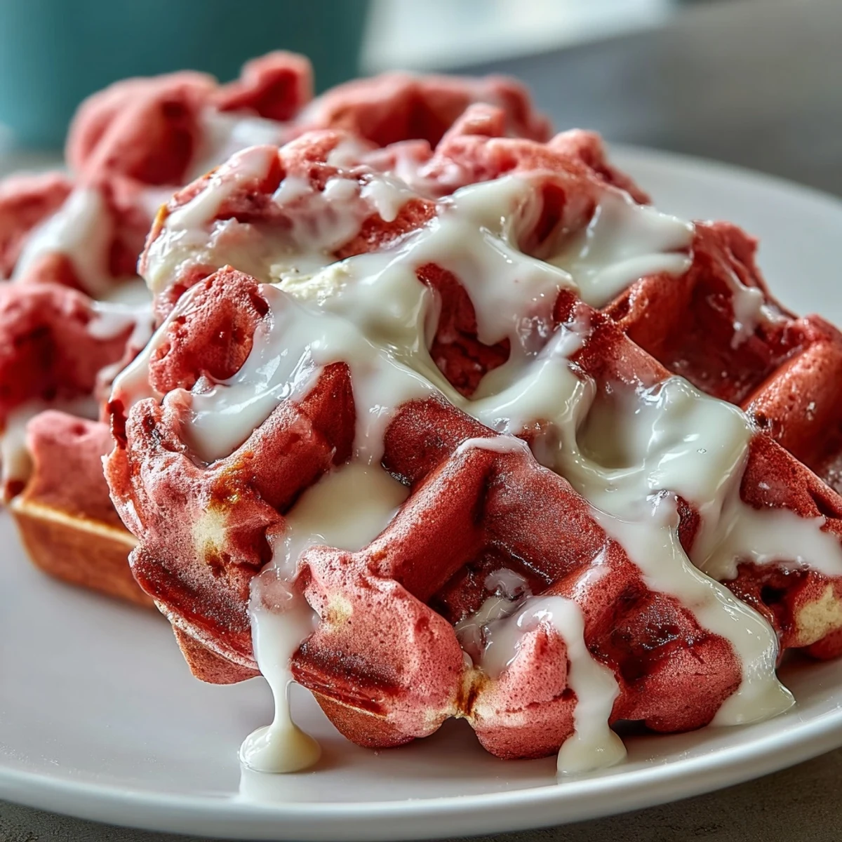 Vibrant pink waffles with a hint of cocoa, drizzled with luscious cream cheese sauce and garnished with fresh berries.