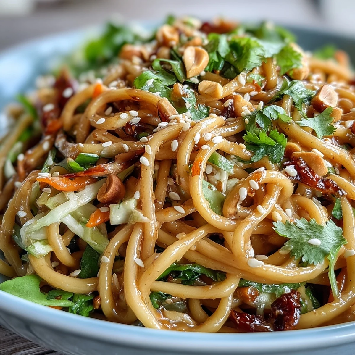 Vibrant Asian sesame noodle salad featuring fresh veggies, herbs, and a rich peanut dressing, topped with toasted sesame seeds for extra crunch.