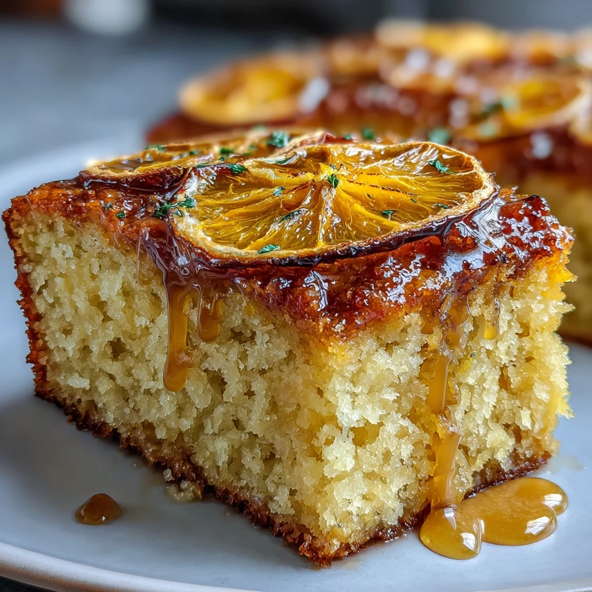 Fragrant olive oil cake with candied orange slices and almond flour, topped with powdered sugar for a Mediterranean treat.  