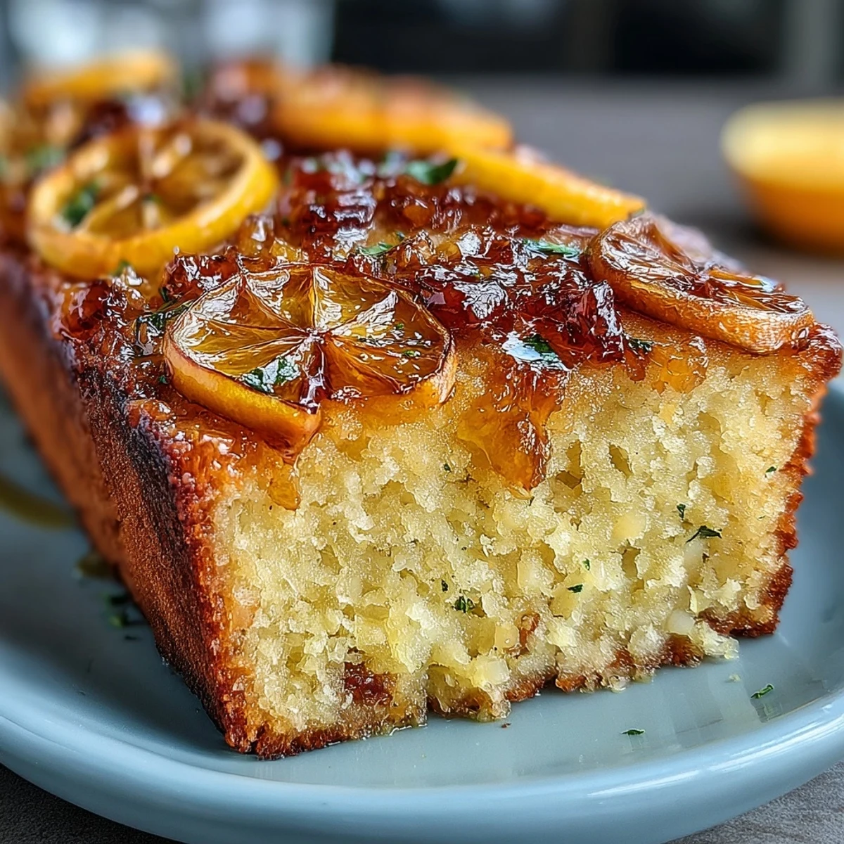 Almond flour and olive oil cake with sweet candied oranges, served at room temperature with fresh mint garnish.