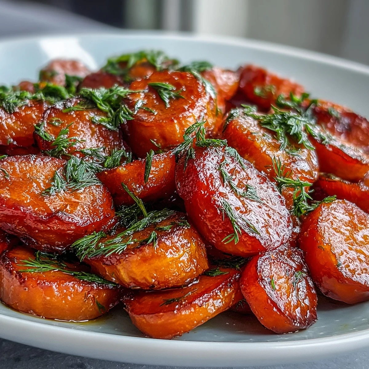 Vibrant orange honey glazed carrots tossed with fresh dill, offering a sweet and citrusy side dish.  