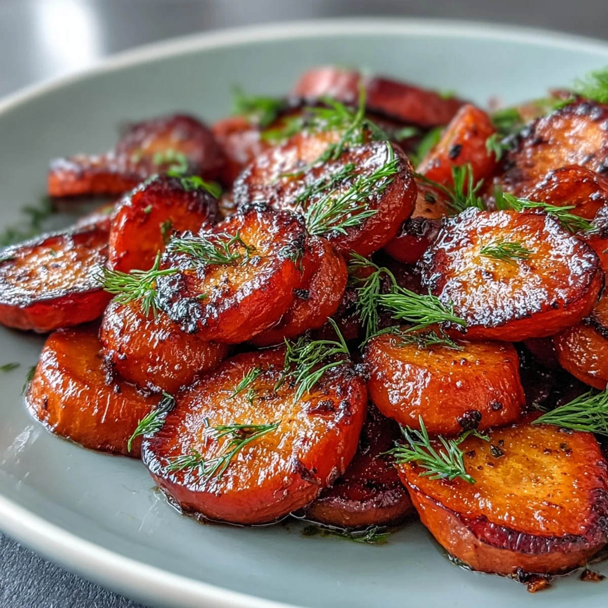 Tender carrots simmered in a buttery orange-honey glaze, garnished with aromatic fresh dill for a bright finish.  