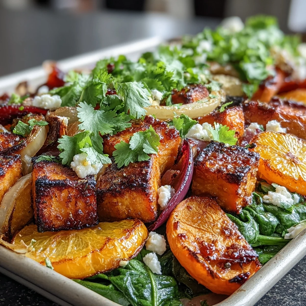 Vibrant sheet pan breakfast hash featuring caramelized sweet potatoes, juicy orange chunks, and tender spinach leaves, baked to perfection.  