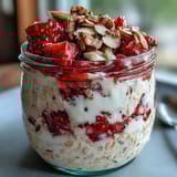 2. Protein-packed overnight oats with juicy strawberries and Greek yogurt, perfect for a quick and healthy morning meal.