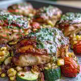 Roasted sheet pan chicken with zucchini and corn, vibrant vegetables, perfect easy weeknight meal.