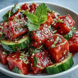 Vibrant watermelon cucumber salad, seasoned with Tajin lime, perfect for a light, refreshing side.