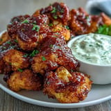 Golden-brown Vegan BBQ Cauliflower Wings piled high, ready to be dipped in cool ranch.