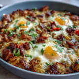 Hearty Father's Day breakfast hash brown skillet, a savory, colorful, and delicious meal.