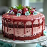 A stunning Bridal Shower Rosé Velvet Cake, decadently frosted with a shimmering gold drip.