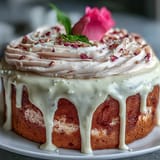 Soft blush pink velvet cake, kissed with rosé and dripping with gold.