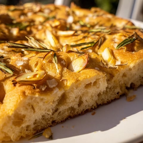 Golden rosemary garlic focaccia bread with fragrant herbs and slices of roasted garlic.  