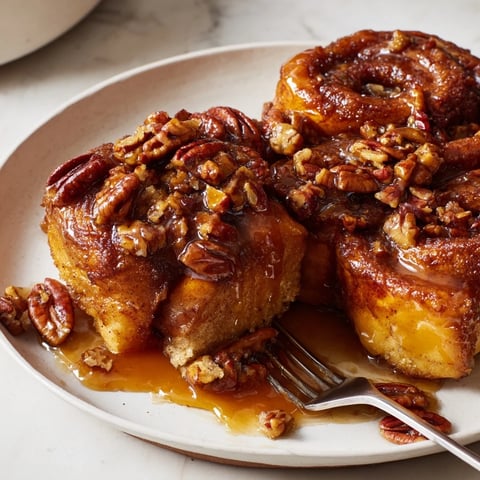 Soft maple pecan sticky buns drizzled with rich caramel sauce and toasted pecans.