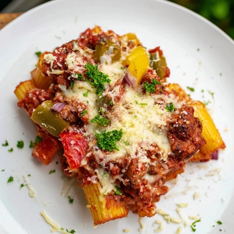 Baked Rigatoni with Sausage & Peppers, bubbling hot, ready to scoop, featuring melted mozzarella cheese.