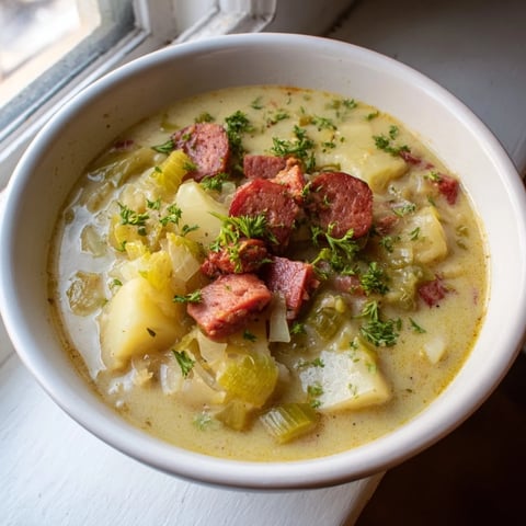 Creamy Potato, Leek & Chorizo Soup presented in a rustic bowl, garnished with parsley and chorizo.
