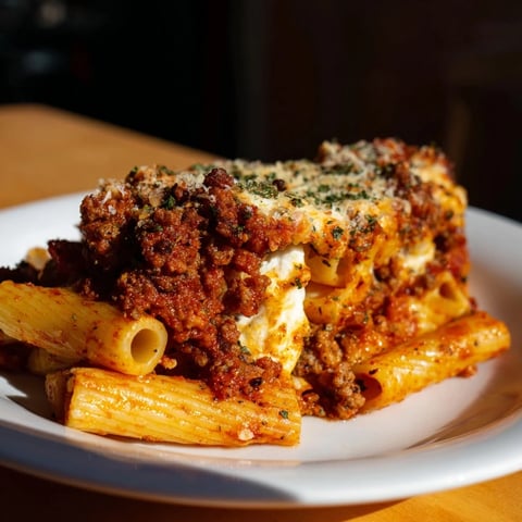 Golden, bubbly Baked Ziti with Meat Sauce, a hearty Italian-American baked pasta entree.