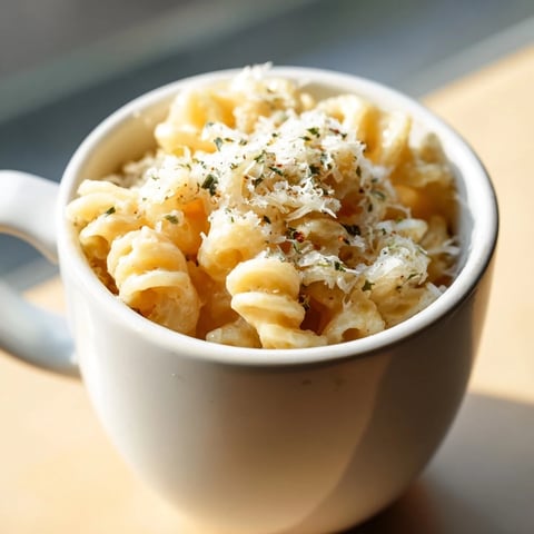 Steaming hot mug mac & cheese, a cozy single-serve meal with melted cheddar and macaroni.