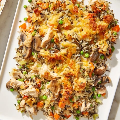 Golden, bubbly Chicken and Wild Rice Bake, oozing cheese, savory chicken with rice and veggies.