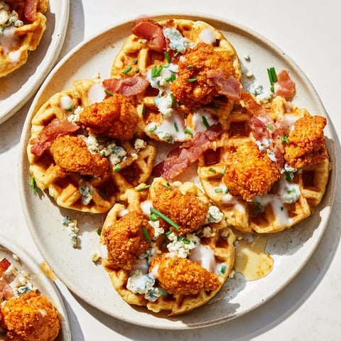 Crispy Buffalo Chicken and Bacon Waffle Bites, piled high with creamy blue cheese and fresh chives.