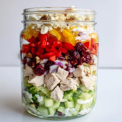 Vibrant layered holiday chopped chicken salad jar, showcasing fresh ingredients and creamy dressing, perfect for meal prep.
