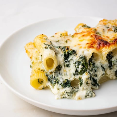 Golden, bubbling Whipped Ricotta & Spinach Baked Pasta, a cheesy and comforting Italian dinner.