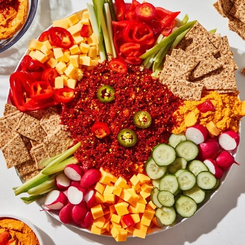 A vibrant Spicy Hot Take Platter, showcasing cheese, pepper, and meats beautifully arranged for sharing.