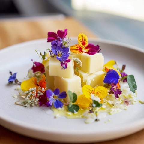 The Secret Garden appetizer with vibrant edible flowers covers cheese cubes beneath microgreens, a colorful feast.