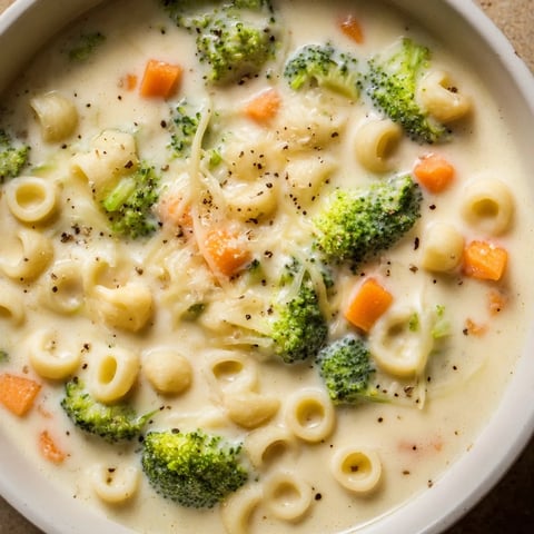 Steaming hot bowl of One-Pot Broccoli Cheddar Ditalini Soup, topped with melted cheese, perfect for dinner.