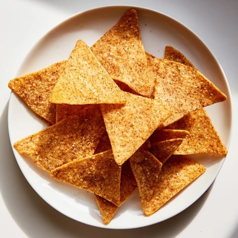 Golden, crispy homemade Air-Fryer Tortilla Chips, perfect for scooping up fresh salsa at snack time.