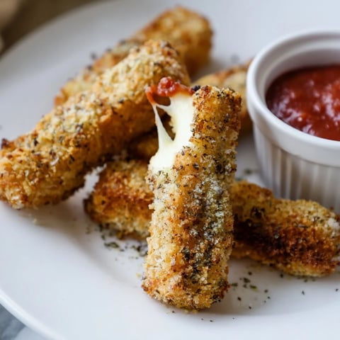 Golden-brown, crispy air fryer mozzarella sticks served with warm marinara for dipping pleasure at gatherings.