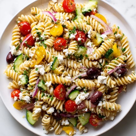 Lemon Pasta Salad with bright tomatoes, cucumbers, and a zesty lemon dressing, ready to eat.