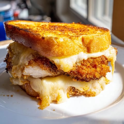 Golden, bubbly grilled cheese sandwich oozes cheese, showcasing crispy Parmesan chicken thighs.