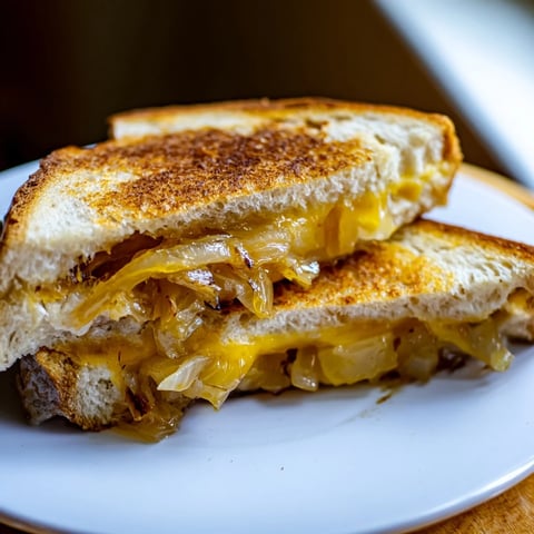 Golden, buttery Caramelized Onion and Gruyère Grilled Cheese, with melted cheese oozing from toasted bread.