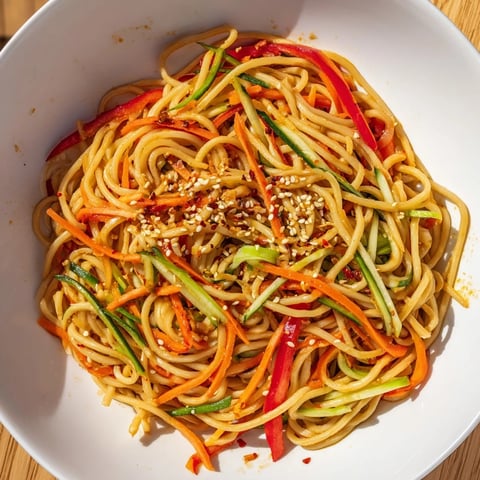 Garlic Noodle Salad, colorful and refreshing, features noodles with vibrant veggies and sesame seeds.