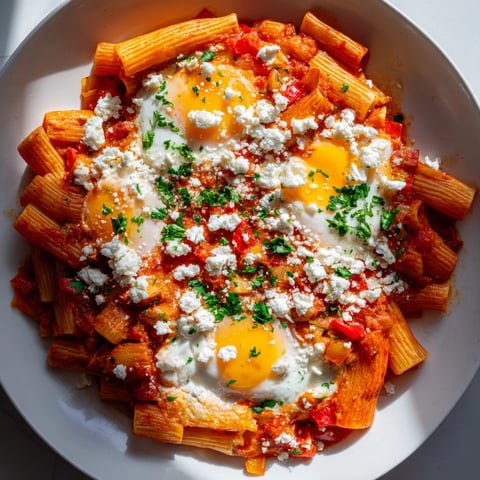 Quick Shakshuka Pasta with runny yolks, bubbly tomato sauce, herbs, and feta cheese.