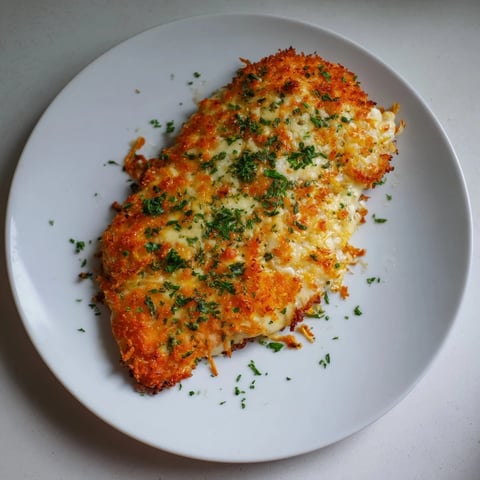 Golden, bubbly Cheesy Baked Chicken Breast with melted cheese and crispy breadcrumb topping, a perfect dinner.
