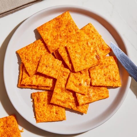 Golden-brown Crispy Cheeto Cheese Crackers arranged on a rustic wooden board, showcasing their crunchy texture and bright orange hue.
