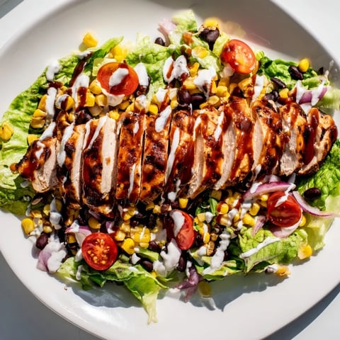 Sliced smoky BBQ chicken rests on crisp romaine, topped with charred corn, black beans, and a creamy ranch drizzle in this hearty BBQ Chicken Salad.  
