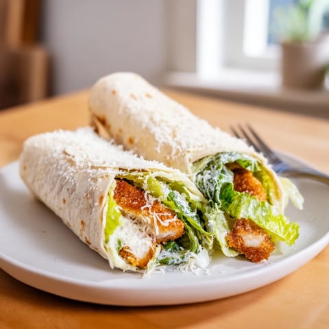 Golden-brown, crispy chicken strips nestled inside a warm flour tortilla with fresh romaine, Parmesan, and creamy Caesar dressing.
