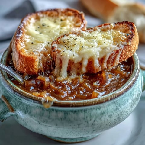 Steaming bowls of Classic French Onion Soup with deeply caramelized onions and a golden Gruyère topping.