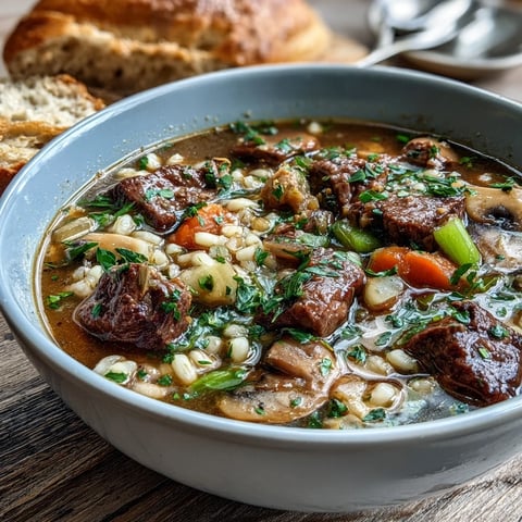 A bowl of hot Beef and Barley Soup, filled with tender beef chunks, diced carrots, and pearl barley in a rich brown broth.