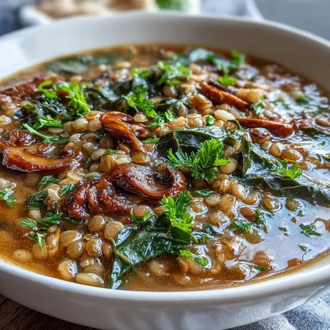 Steaming bowls of Double Lentil and Mushroom Barley Soup sit next to fresh parsley and crusty bread.