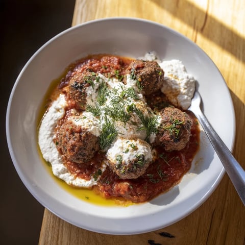 Steaming Instant Pot Greek-Style Meatballs with lemon-feta sauce, a fragrant, juicy Mediterranean meal.
