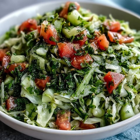 Bright, chopped Lebanese Cabbage Salad in a white bowl, flecked with parsley and mint, lemon dressing glistening, served as a fresh vegan side.
