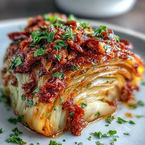 Roasted Baked Cabbage Salad With Winter Romesco served warm on a platter with lemon wedges.