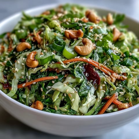 Bright, colorful Asian Cabbage Salad served in a white bowl, topped with toasted cashews and fresh cilantro for crunch.
