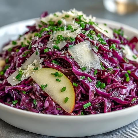 Red Cabbage Coleslaw With Apple and Parmesan in a white serving bowl, garnished with fresh parsley.