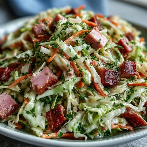 German Cabbage Coleslaw With Shredded Ham served as a colorful side dish on a white plate.