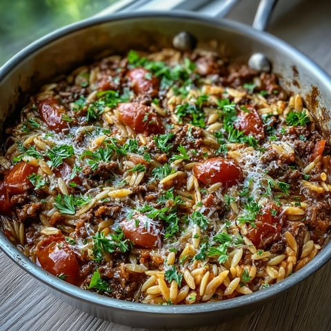 Steaming Comforting Ground Beef Orzo Dinner in a skillet with melted Parmesan and fresh parsley.