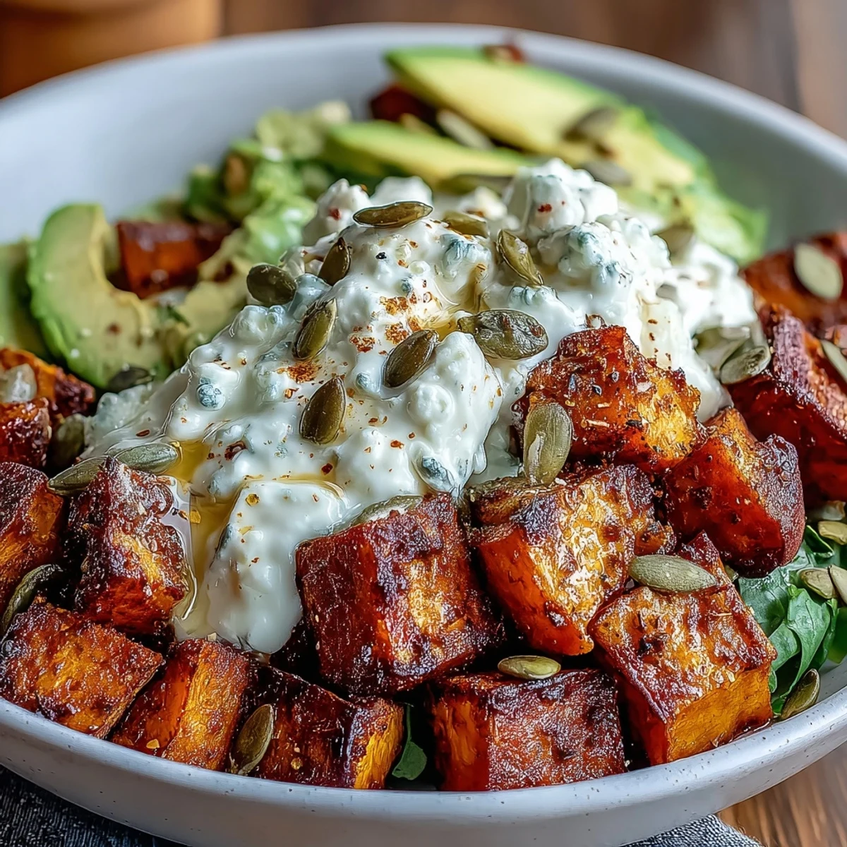 Roasted sweet potatoes with crispy edges in a Hot Honey Sweet Potato Bowl topped with avocado and cottage cheese.