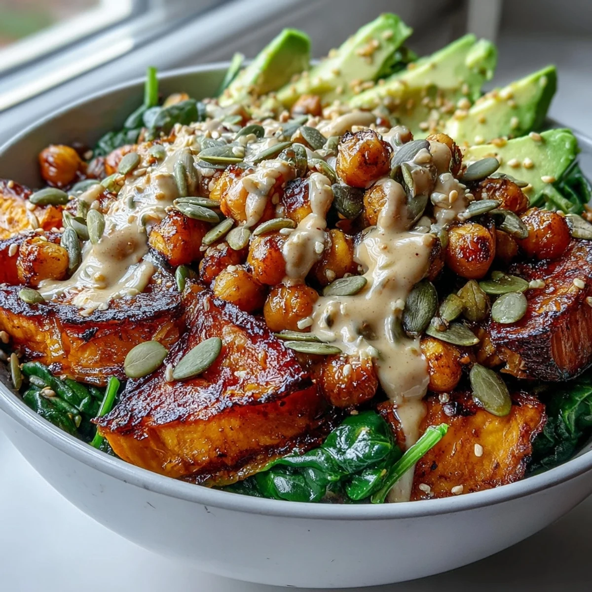 Roasted Sweet Potato and Chickpea Bowl with caramelized veggies, crispy legumes, and a drizzle of smoky chipotle tahini dressing.
